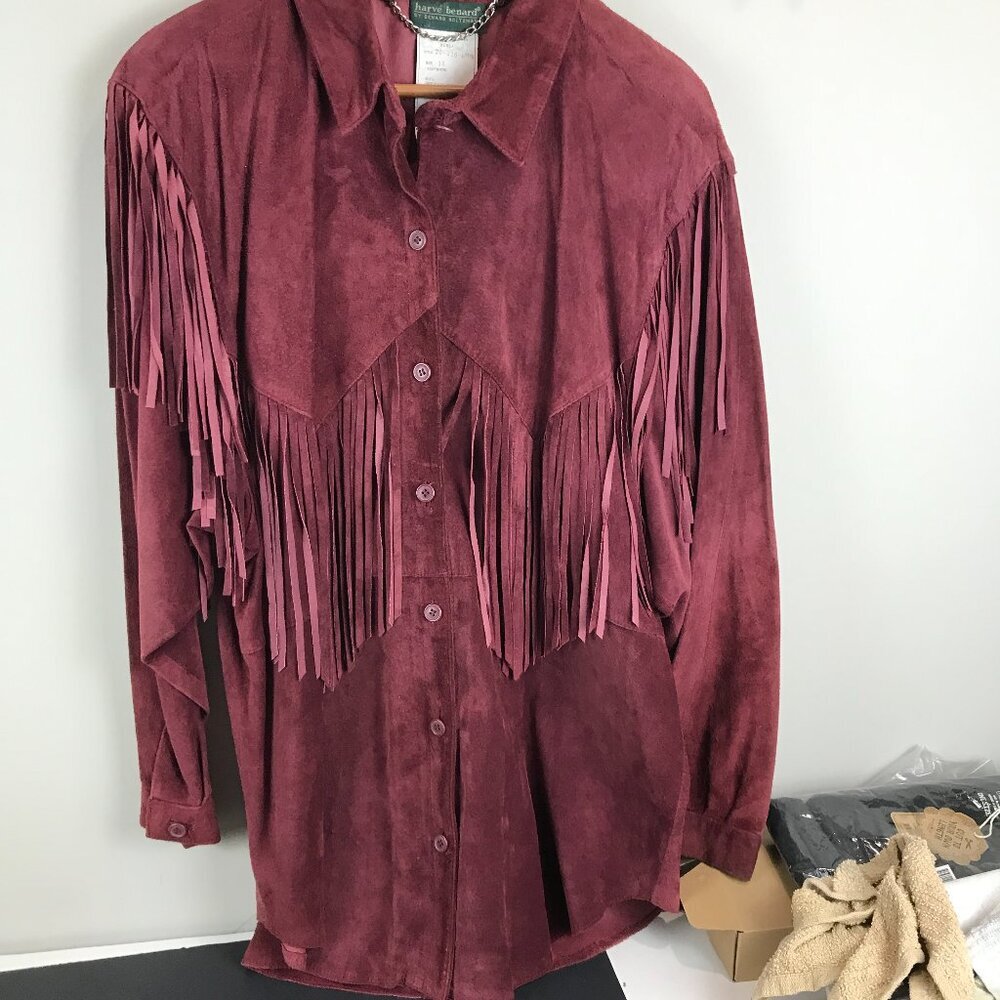 Vintage Harve Bernard Suede, button front Fringe Jacket, Size 14